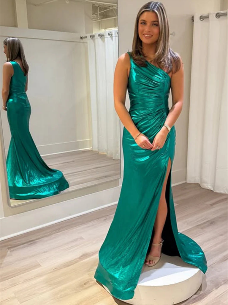 One Shoulder Mermaid Green Satin Long Prom Dresses with Slit, One Shoulder Green Formal Evening Dresses