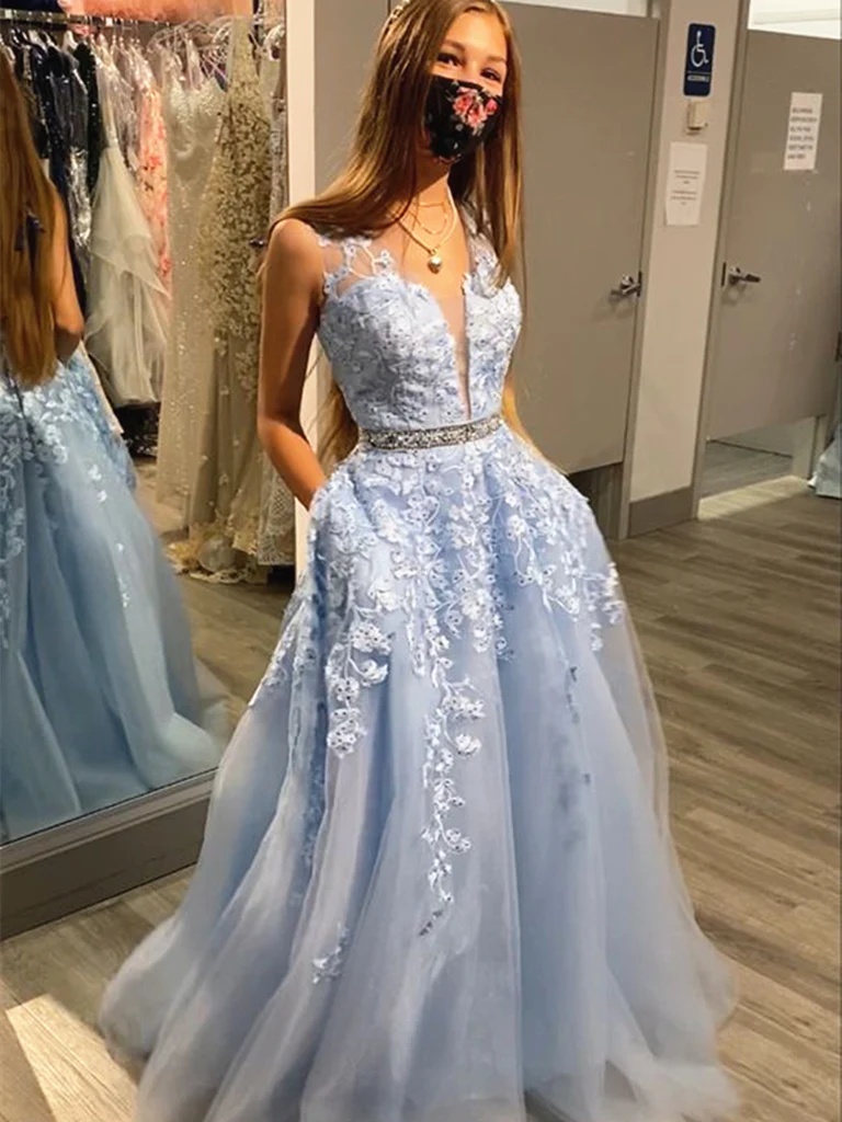 V Neck Blue Lace Long Prom Dresses, V Neck Blue Lace Long Formal Evening Dresses