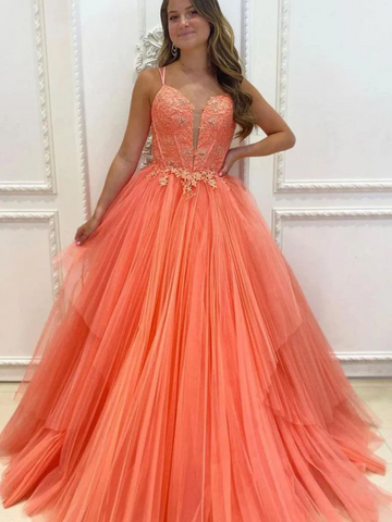A Line V Neck Orange Lace Long Prom Dresses, Orange Lace Formal Evening Dresses