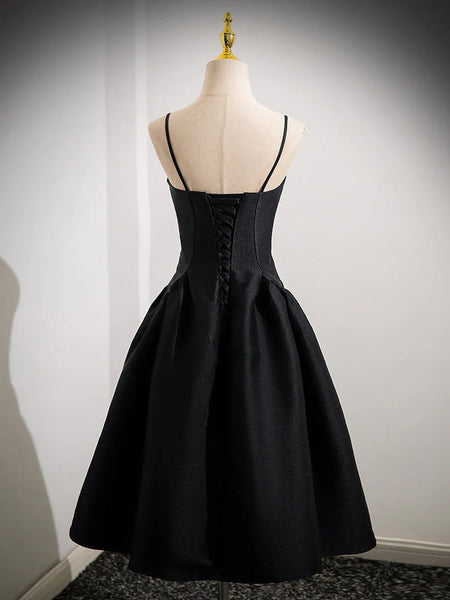 A Line Black Short Satin  Prom Dresses, Black A Line Satin Short Formal Evening Homecoming Dresses