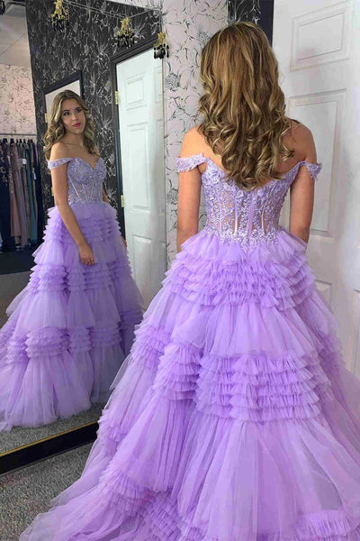 Gorgeous Off Shoulder Purple Lace Long Prom Dresses, Off the Shoulder Lilac Formal Evening Dresses