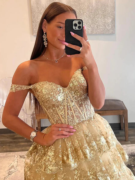 A Line Off Shoulder Golden Sequin Tulle  Long Prom Dress, Off The Shoulder Gold A Line Tulle Formal Evening Dresses