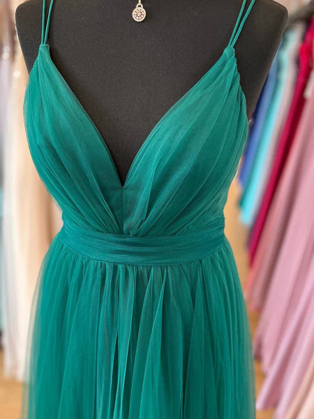 V Neck Dark Green Tulle Long Prom Dresses, Dark Green Tulle Long V Neck Formal Evening Dresses