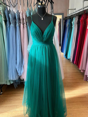 V Neck Dark Green Tulle Long Prom Dresses, Dark Green Tulle Long V Neck Formal Evening Dresses