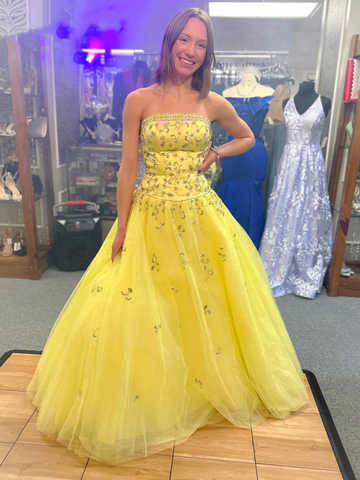 Strapless Yellow Tulle Long Prom Dresses with Appliques, Yellow Lace Formal Evening Dresses