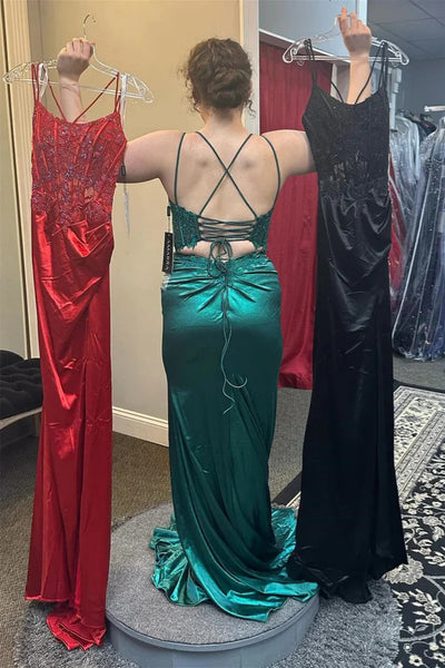 A Line Backless Emerald Green Lace Long Prom Dresses with High Slit, Emerald Green Lace Formal Evening Dresses