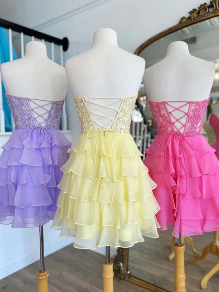 Sweetheart Neck Purple Yellow Pink Short Lace Prom Dresses，Purple Pink Yellow Short Layered Lace Formal Graduation Evening Dresses