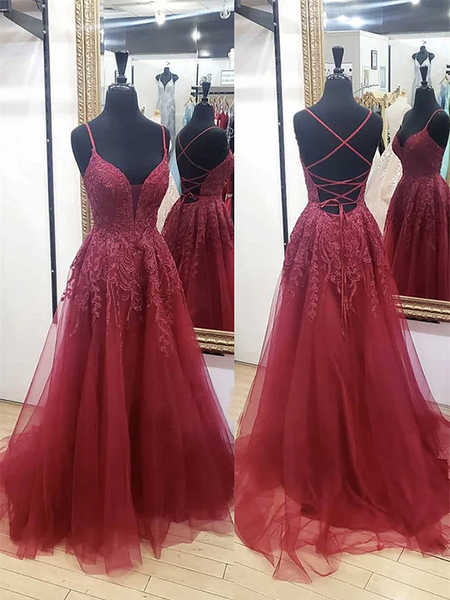 V Neck Burgundy Lace Backless Long Prom Dresses, Wine Red V Neck Lace Long Formal Evening Dresses