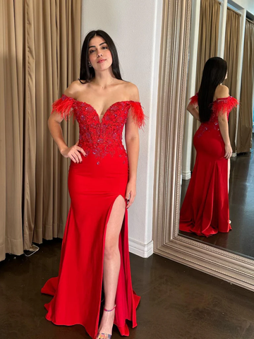 Off the Shoulder Beaded Mermaid Red Long Prom Dresses with Slit, Off Shoulder Red Formal Evening Dresses