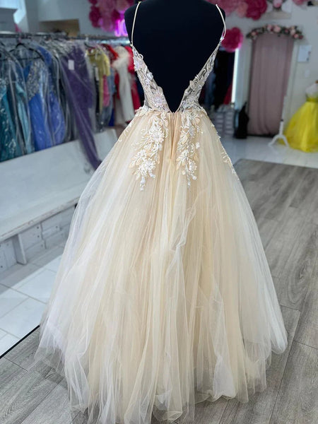 V Neck Champagne Tulle Lace Prom Dresses, Champagne Tulle Lace Wedding Dresses, Lace Champagne Formal Evening Dresses