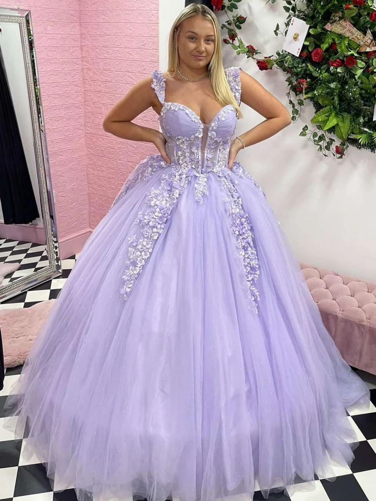 V Neck Lavender Lace Long Prom Dresses, Lavender Lace Formal Evening Dresses