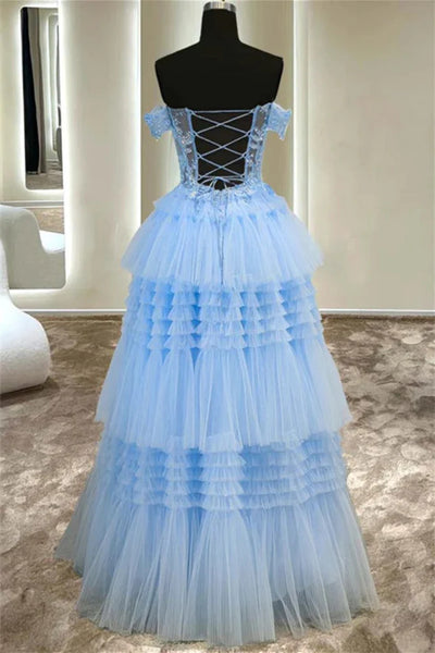 Off Shoulder Light Blue Lace Long Prom Dresses, Light Blue Lace Formal Evening Dresses