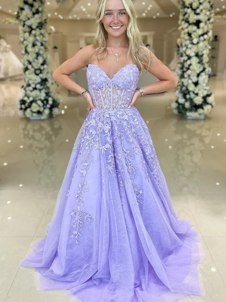 Strapless Purple Lace Long Prom Dresses, Strapless Long Purple Lace Formal Evening Dresses