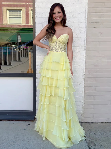 Sweetheart Neck Yellow Chiffon Lace Long Prom Dresses, Yellow Sweetheart Neck Chiffon Lace Long Formal Evening Dresses