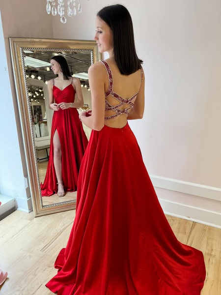 A Line V Neck Backless Red Long Prom Dresses with High Slit, V Neck Open Back Red Formal Evening Dresses