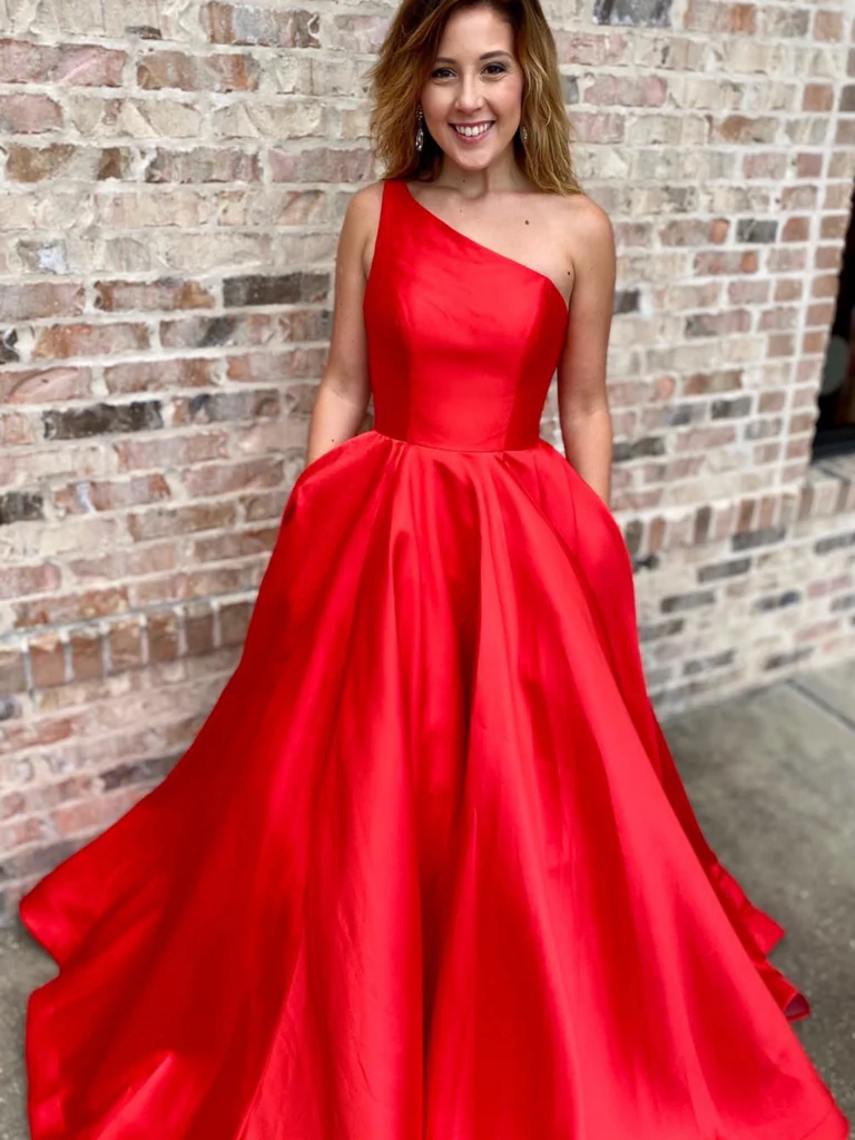 Simple  One Shoulder Red Satin Long Prom Dresses with Pockets, A Line One Shoulder Red Formal Evening Graduation Dresses