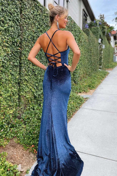 Mermaid Navy Blue Velve Backless Long  Prom Dresses with High Slit, Mermaid Navy Blue  Formal Evening Dresses