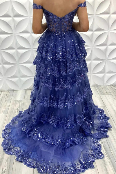 Off Shoulder Blue Tulle Lace Long Prom Dresses, Off The Shoulder Lace Blue  Evening Party Dresses