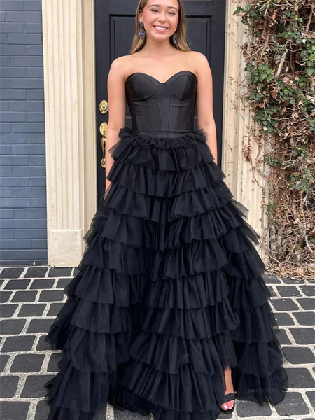 Sweetheart Neck Strapless Black Ruffle Tulle Long Prom Dresses, Sweetheart Neck Strapless Black Ruffle Tulle Long  Formal Evening Dresses, Ball Gown