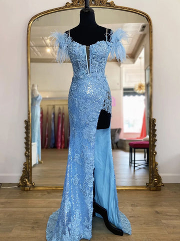 Mermaid Blue Lace Long Prom Dresses,  Lace Blue Mermaid Formal Evening Dresses