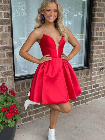 Deep V Neck Short Red Satin Prom Dresses, V Neck Red Short Satin Formal Graduation Evening Dresses, Red Short Homecoming Dresses