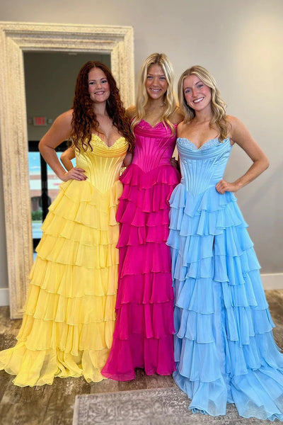 Strapless Layered Yellow/Blue/Hot Pink Chiffon Long Prom Dress with High Slit, Long Yellow/Blue/Hot Pink Formal Evening Graduation Dresses