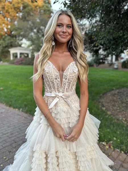 V Neck Champagne Lace Layered Long Prom Dresses with Train,  Lace Champagne Formal Evening Dresses