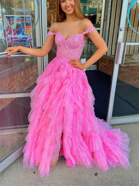 Fluffy Off The Shoulder Hot Pink Lace Long Prom Dresses with Slit, Off Shoulder Hot Pink Lace Formal Evening Dresses