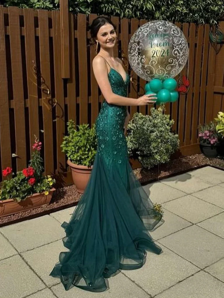 V Neck Mermaid Green Lace Long Prom Dresses, Long Green Lace Mermaid Formal Evening Dresses