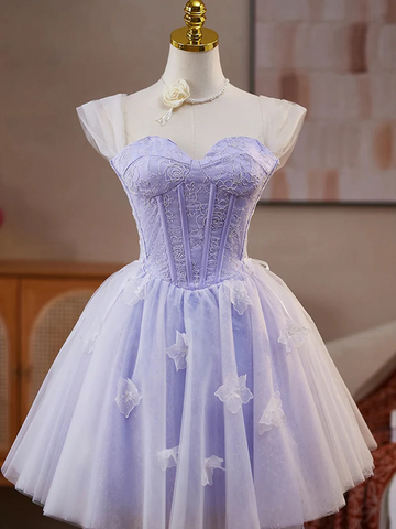 A Line off Shoulder Short Purple Lace Prom Dresses, Short off The Shoulder Lilac Purple Lace Formal Evening Homecoming Dresses