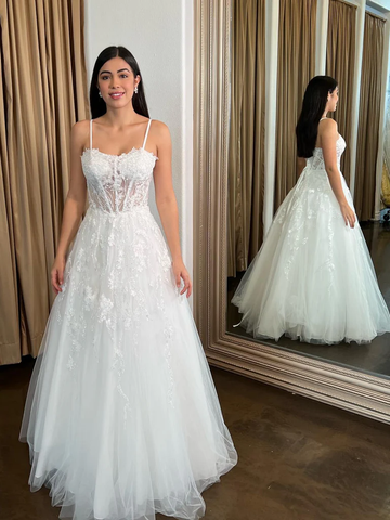 A Line Spaghetti Straps White Lace Long Prom Dresses, White Lace Formal Evening Dresses