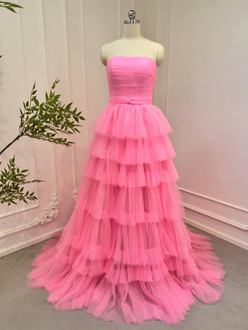 Pink Tulle Strapless Layered Long Prom Dresses, Strapless Layered Pink Tulle Formal Evening Dresses