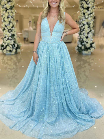 A Line V Neck Light Blue Sequins Long Prom Dresses,  Light Blue Sequins Long Formal Graduation Evening Dresses