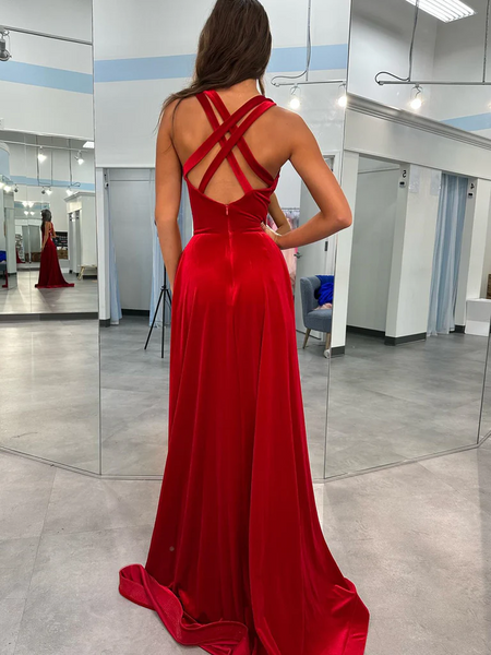 V Neck Burgundy Velvet Long Prom Dresses with Cross Back, Wine Red Velvet Long Formal Evening Dresses