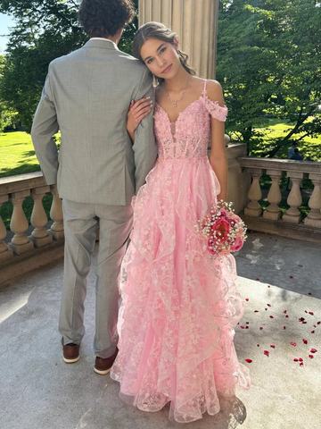 Off The Shoulder V Neck Fluffy Pink Lace Floral Long Prom Dresses with Appliques, Off Shoulder Pink Lace Floral Formal Evening Dresses