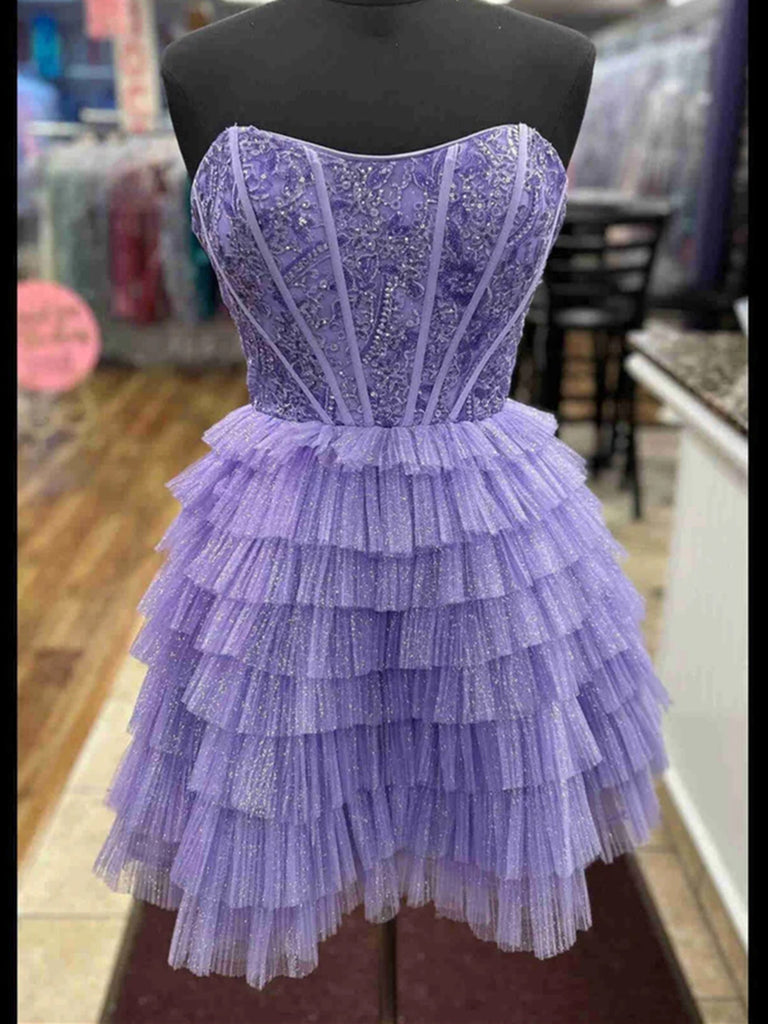 Short Shiny Strapless Layered Lilac Lace Prom Dresses, Short Lilac Lace Formal Evening  Homecoming Dresses