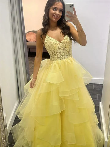 A Line V Neck Yellow Lace Long Prom Dresses, Yellow Lace Formal Evening Dresses