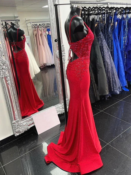 Red Mermaid Lace Prom Dresses, V Neck Red Mermaid Lace Formal Evening Dresses