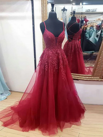 V Neck Burgundy Lace Backless Long Prom Dresses, Wine Red V Neck Lace Long Formal Evening Dresses