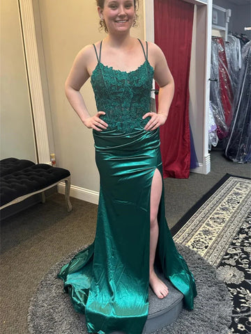 A Line Backless Emerald Green Lace Long Prom Dresses with High Slit, Emerald Green Lace Formal Evening Dresses