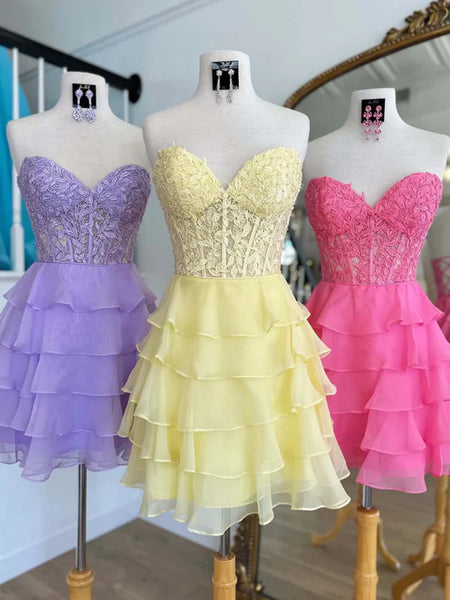 Sweetheart Neck Purple Yellow Pink Short Lace Prom Dresses，Purple Pink Yellow Short Layered Lace Formal Graduation Evening Dresses