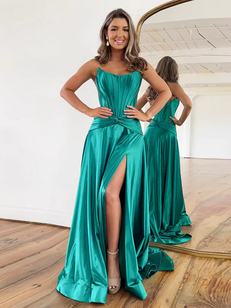 Simple A Line Gree Satin Long Prom Dresses, Satin Green Long Formal Evening Dresses