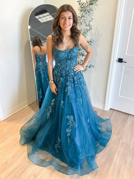 Spaghetti Straps Blue Lace Long Prom Dresses, A Line Dark Blue Lace Formal Graduation Evening Dresses