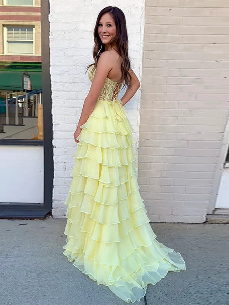 Sweetheart Neck Yellow Chiffon Lace Long Prom Dresses, Yellow Sweetheart Neck Chiffon Lace Long Formal Evening Dresses