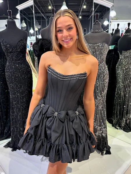 Short Strapless Layered Black Satin Prom Dresses with Beadings, Short Black Short Formal Evening Homecoming Dresses