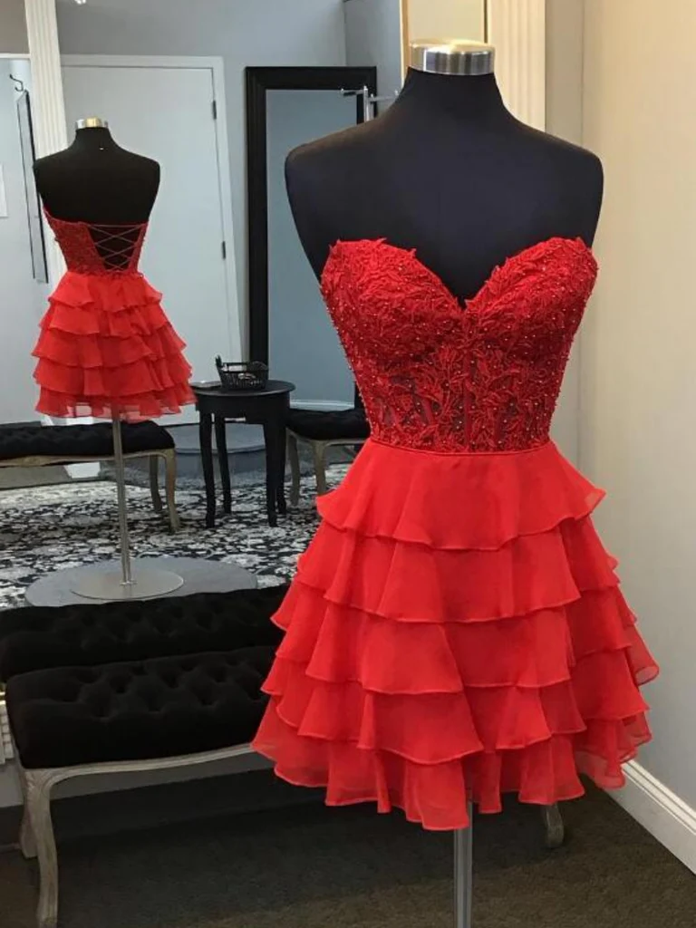 Strapless Sweetheart Neck Red Lace Layered Prom Dresses, Sweetheart Neck Short Red Lace Formal Graduation Evening  Dresses