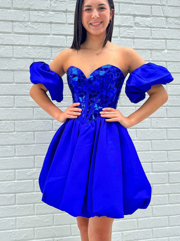 Strapless Mirror Sequins Royal Blue Short Prom Dresses, Short Royal Blue Mirror Sequins Formal Graduation Evening Homecoming Dresses