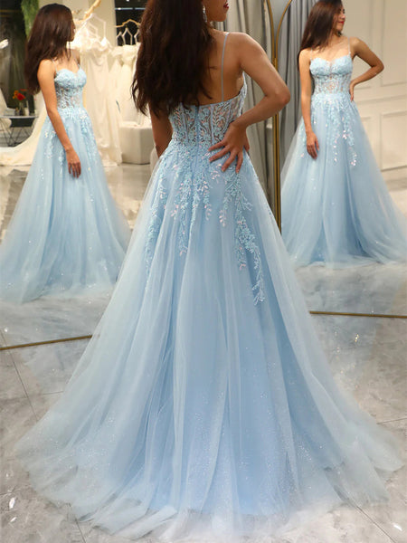 Blue Lace Prom Dresses, Light Blue Appliqued Floral Formal Evening Dresses