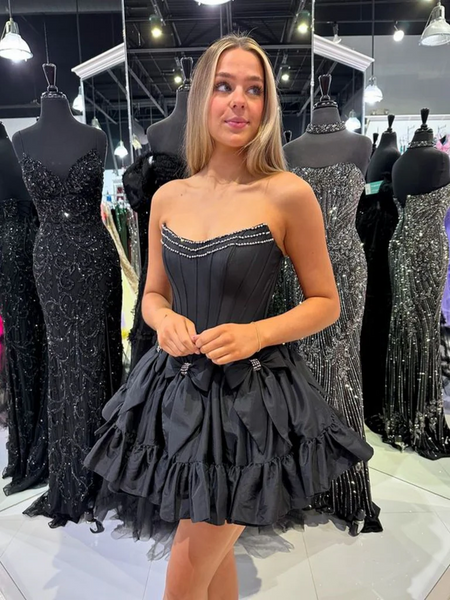 Short Strapless Layered Black Satin Prom Dresses with Beadings, Short Black Short Formal Evening Homecoming Dresses