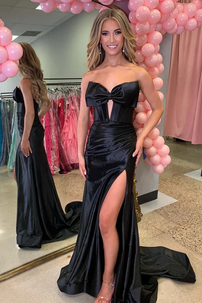 Strapless Satin Black Red Long Prom Dresses with High Slit, Mermaid Black Red Long Formal Evening Dresses